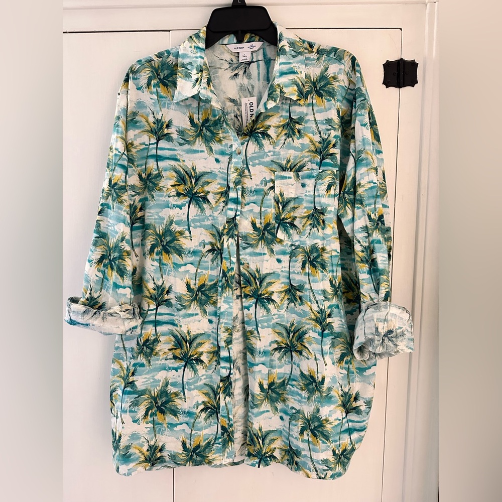 Old Navy Hawaiian Print Button Down Shirt Linen Blend Family Matching Palm Tree
